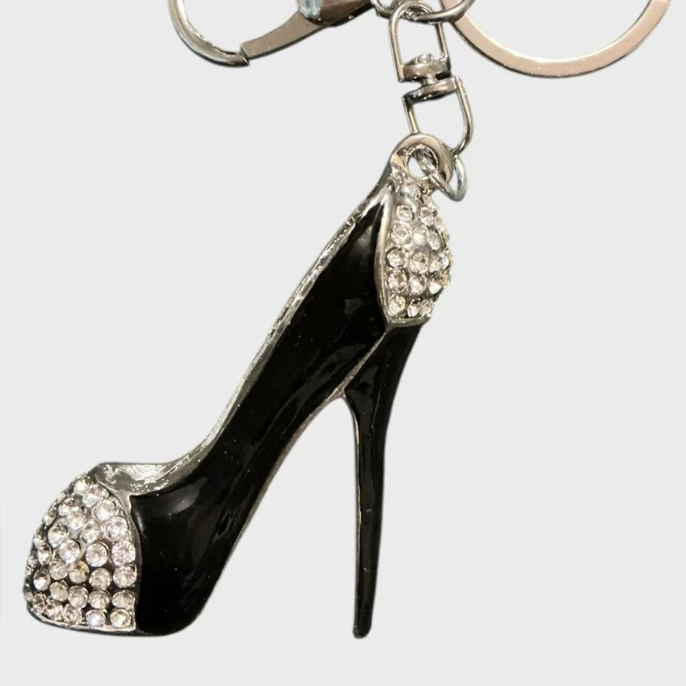 Black Rhinestone High Heel Stiletto Bag Charm Keychain Silver Tone